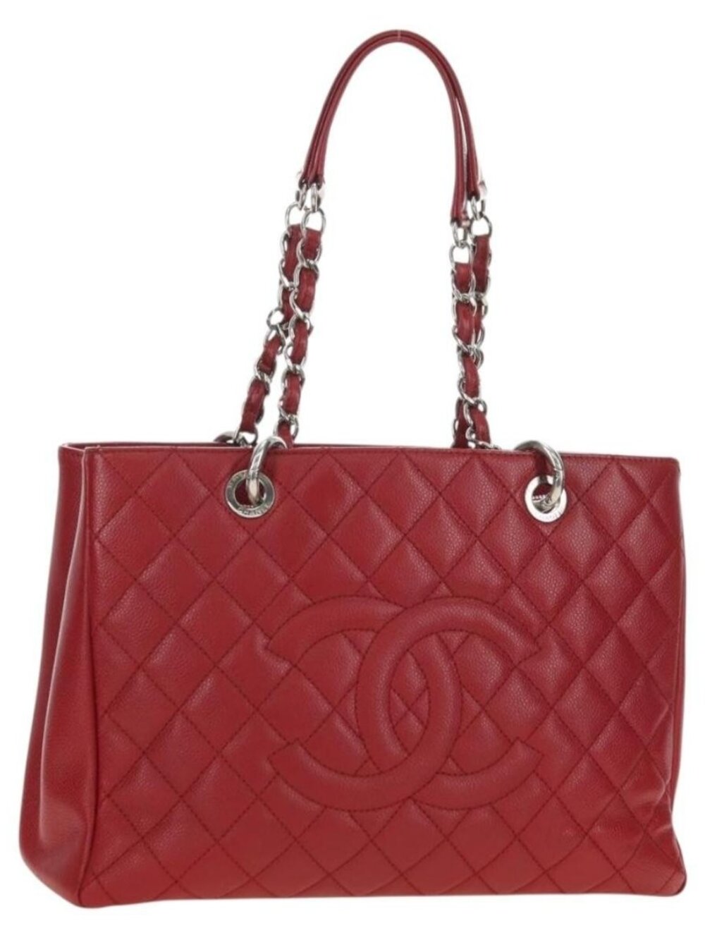 CHANEL GST Matelasse Chain Tote Bag Grained Calf Skin Red Silver CC Auth ep1...